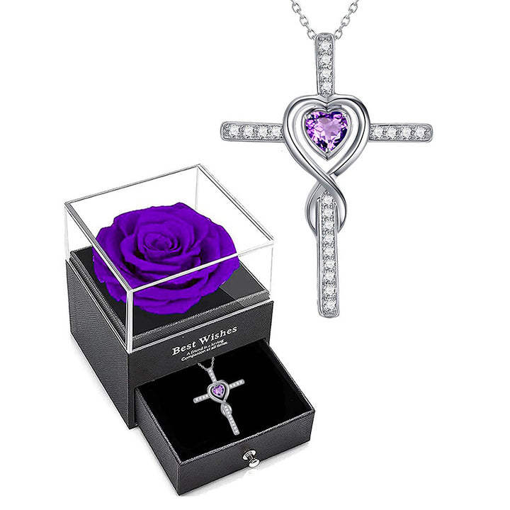 Infinity Heart Diamond Necklace, 3 Gem Color Preserved Rose Gift Box Set