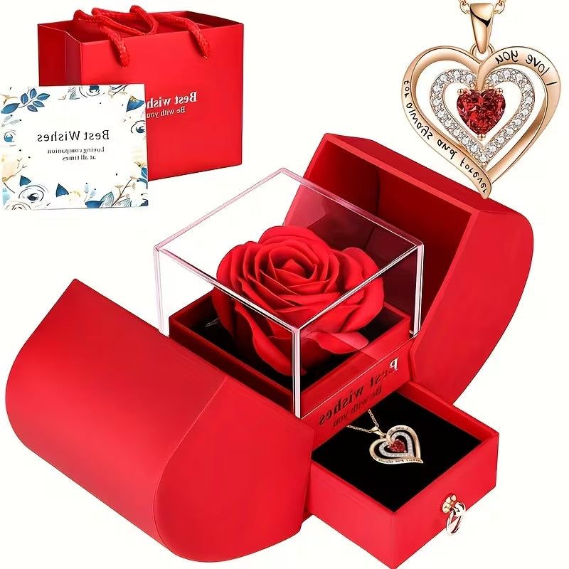 Engraved Intertwined Double Heart Diamond Necklace, S925 Sterling Silver, Preserved Rose Gift Box Set Romantic Clavicle Jewelry