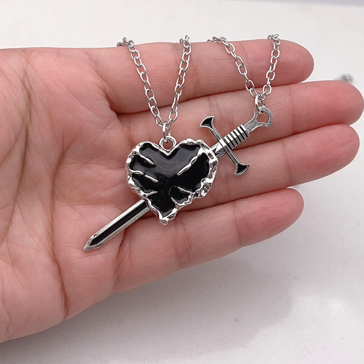 Broken Heart Sword Necklace, Dark Style Sword Through Heart Couple Pendant Set
