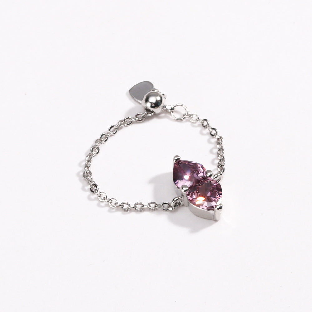 Two Hearts Joined Diamond Adjustable Chain Ring (Multi-Color Delicate Statement Band)