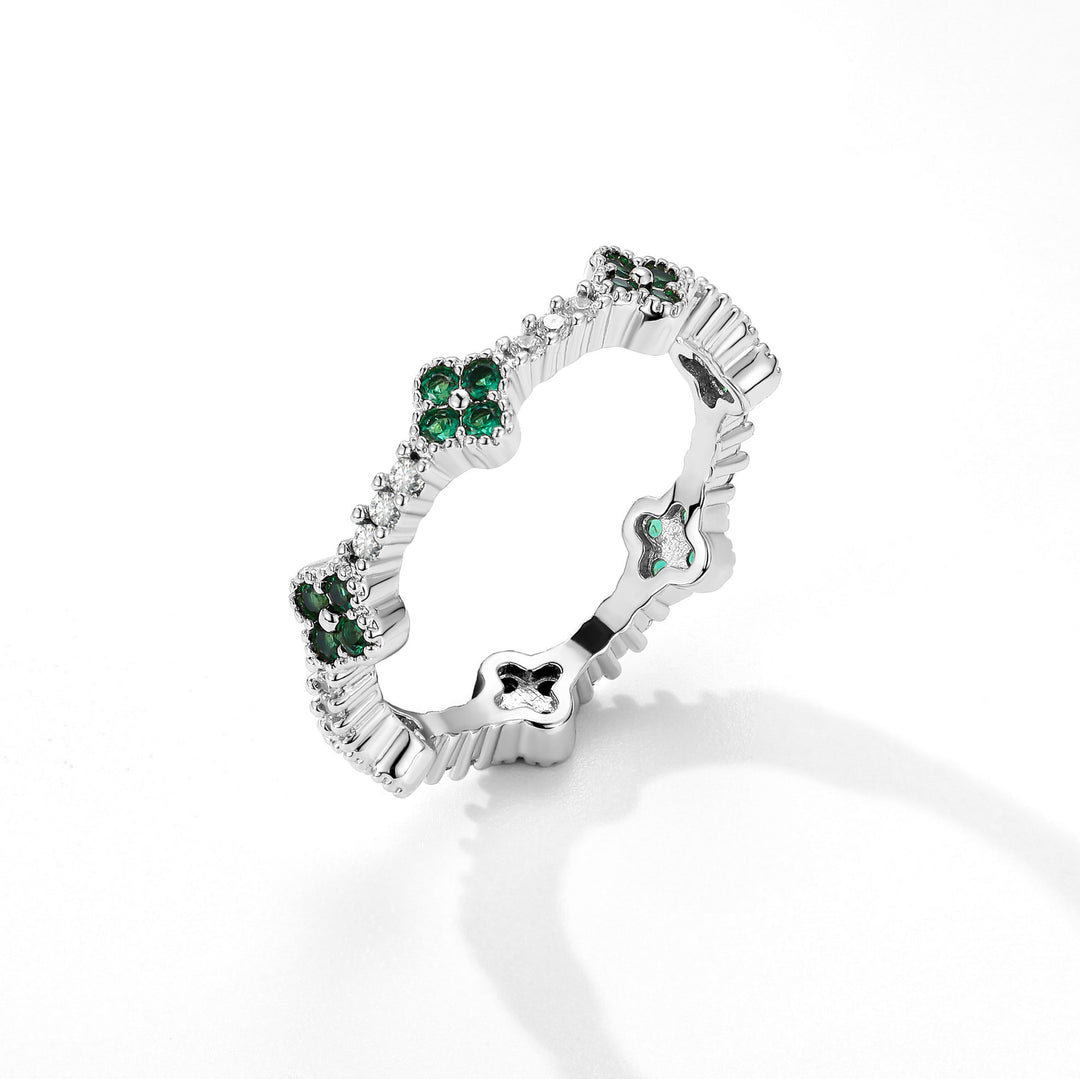 Four-Leaf Clover Pavé Gear Edge Ring Set (Luxury Vintage Lucky Band)