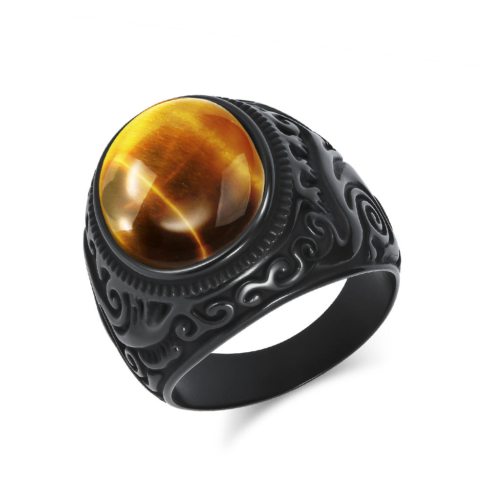 Vintage Scroll Pattern Oval Gemstone Signet Ring, S925 Silver Silver & Matte Black Two Tone Men Wide Band with Tiger Eye, Howlite, Crack Stone