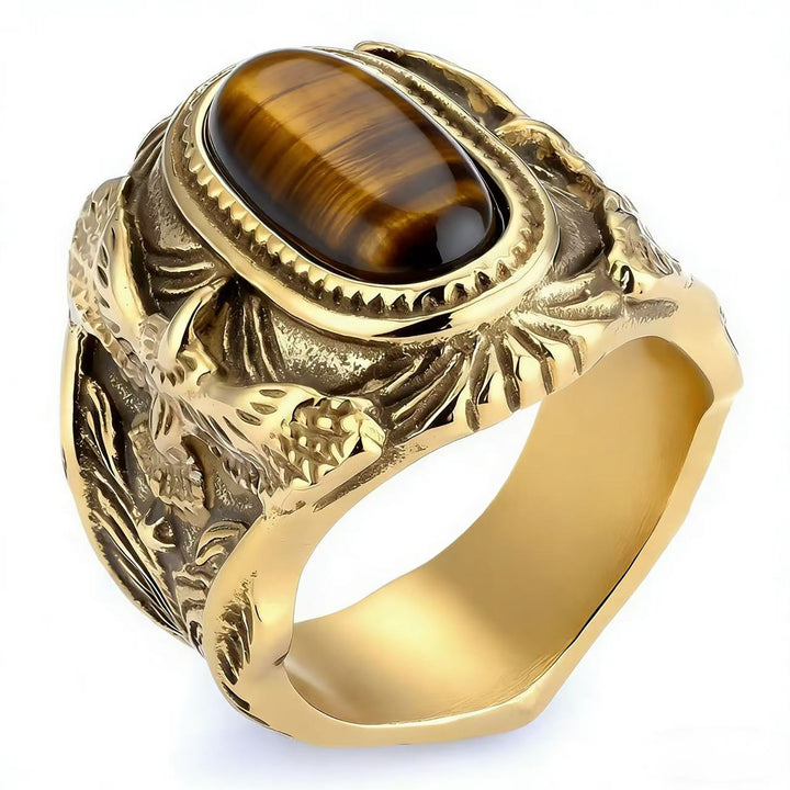 Western Style 3D Eagle Embossed Oval Gemstone Signet Ring, S925 Silver 3 Finishes Turquoise & Tiger Eye Vintage Wide Band For Men
