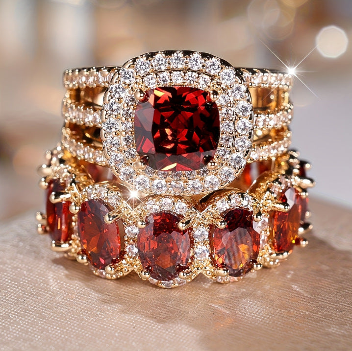 Luxury Two‑Piece Halo Ring Set, S925 Silver Multi‑Color Center Stone Women’s Engagement Ring Set in Gold & Silver Tone
