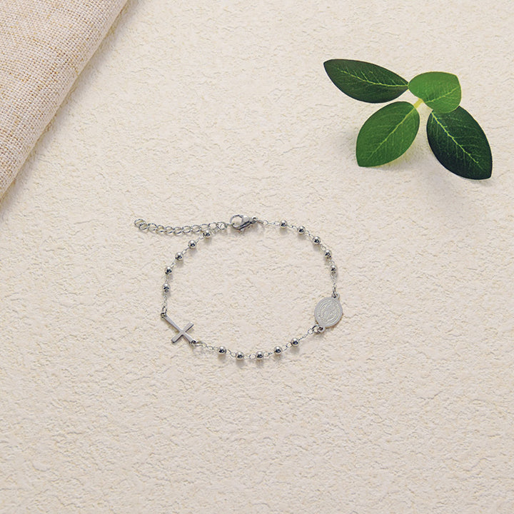 Beaded Chain Cross & Saint Medal Bracelet, Gold & Silver Minimal Religious Jewelry