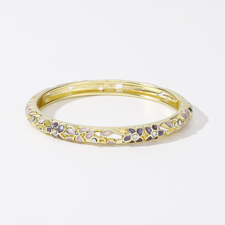 Hollow‑Out Enamel Floral Inlaid Diamond Spring‑Opening Bangle, Multi‑Color Options