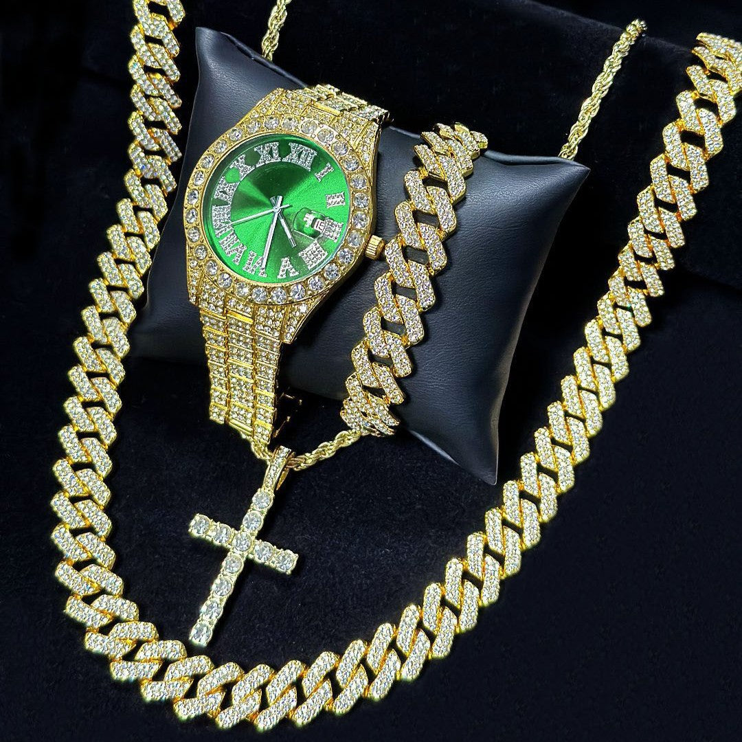 Men's Iced Out Jewelry 4-Piece Set, Hip Hop Diamond Watch with Calendar + Cuban Bracelet + Cross Pendant Necklace Gift Set