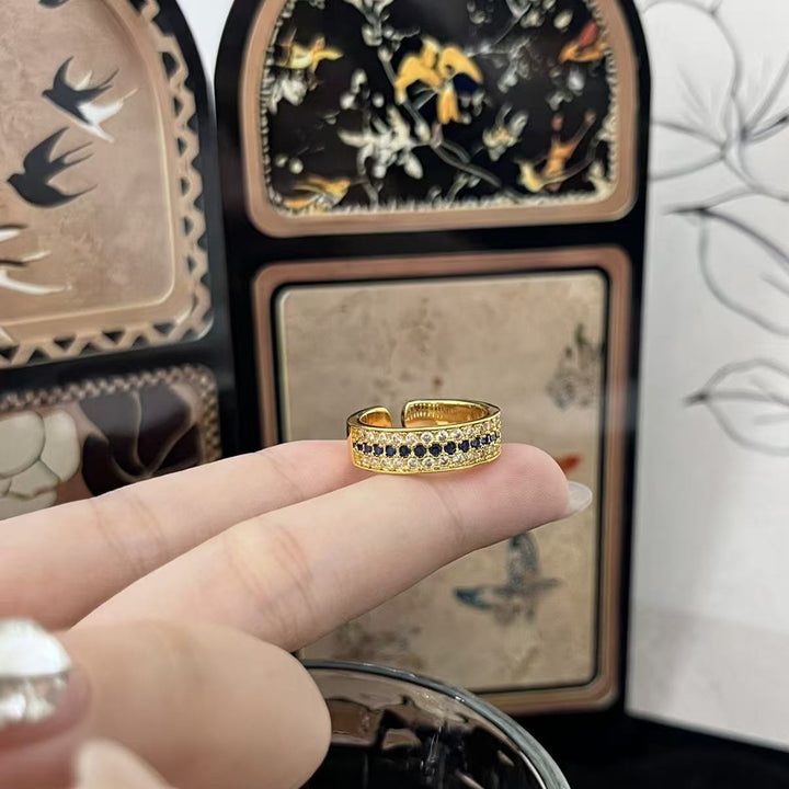 Three-Layer Color Contrast Paved Diamond Open Ring, Adjustable Thin Band Colorful Diamond Statement Ring