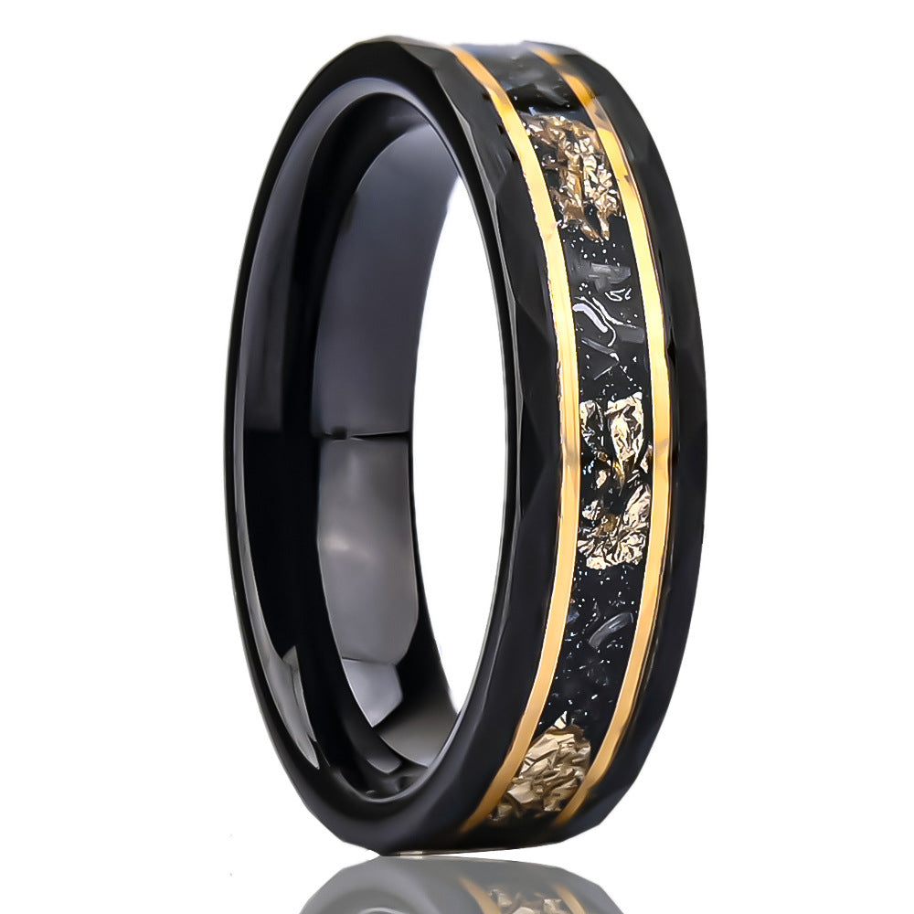 Tungsten Carbide Couple Rings – Hammered Black Rings with Meteorite Inlay