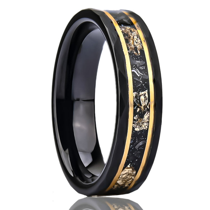 Tungsten Carbide Couple Rings – Hammered Black Rings with Meteorite Inlay