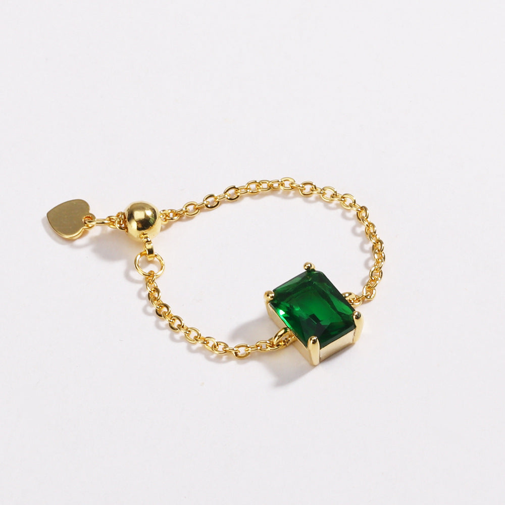 18K Gold Adjustable Chain Ring with Emerald-Cut Green Zircon