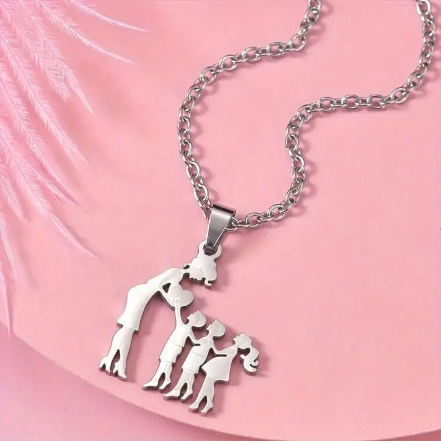 Mother & Kids Silhouette Pendant Necklace, 316L Titanium Steel Silver Plated Family Keepsake Necklace, Multiple Figures, Gold & Silver Family Jewelry