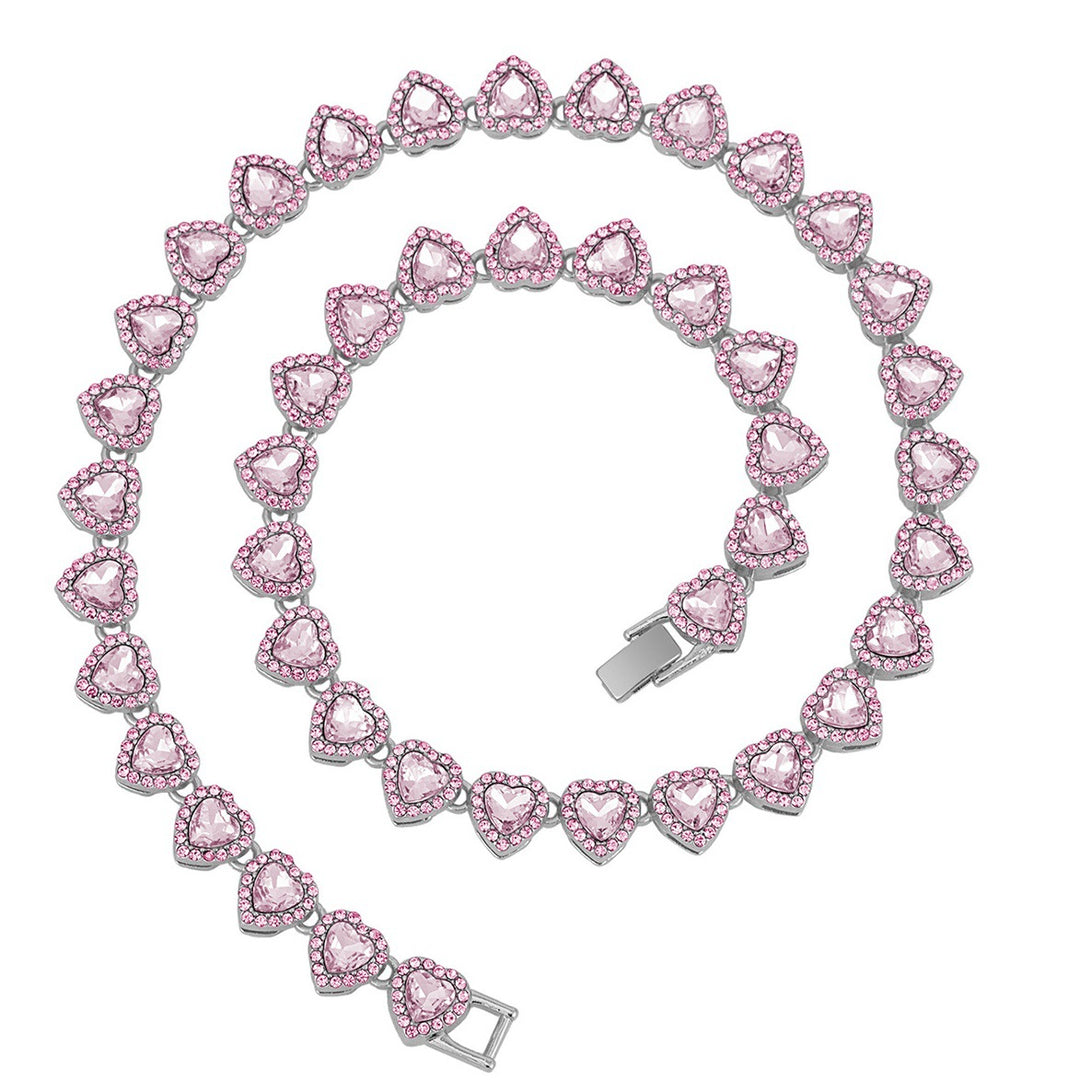 Full Paved Heart Chain Bracelet & Necklace Set, Sweet Style Dual-tone Heart Halo Diamond Matching Jewelry for Women & Couples