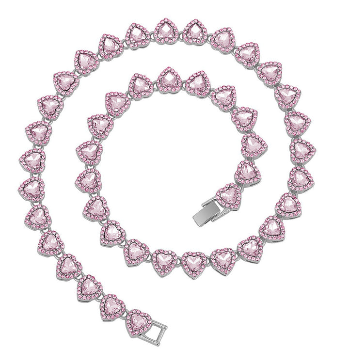 Full Paved Heart Chain Bracelet & Necklace Set, Sweet Style Dual-tone Heart Halo Diamond Matching Jewelry for Women & Couples