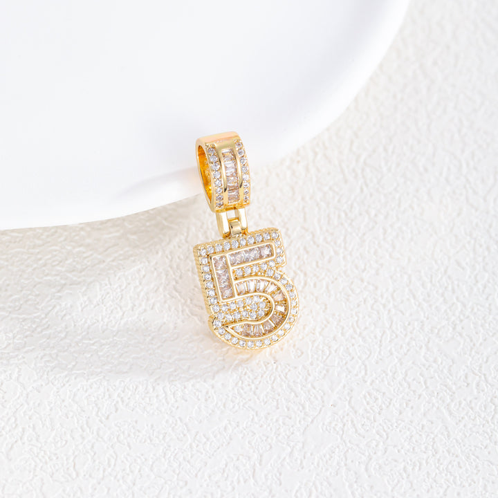 Iced-Out Number Pendant Necklace (Gold Tone Hip-Hop Style Twisted Chain)