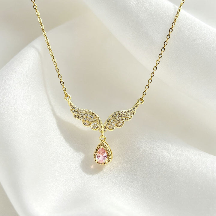 Angel Wing Teardrop Diamond Collarbone Necklace, Multiple Wing Styles Pink & White Diamond 14K Gold Plated Dainty Ladies Necklace