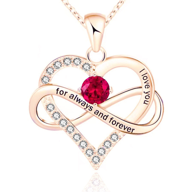 Infinity Intertwined Heart Engraved Birthstone Necklace, Eternal Love Heart Pendant Clavicle Chain with Birthstone