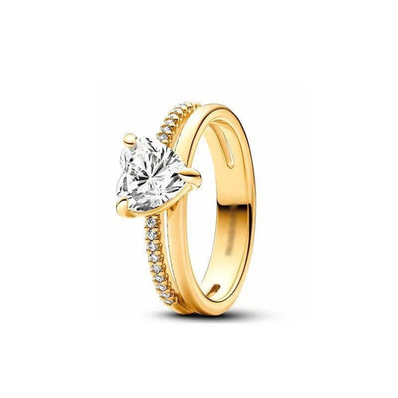 Heart Center Stone Double Layer S925 Silver Ring, 3-Prong Heart Diamond Luxury Band Multiple Colors Available