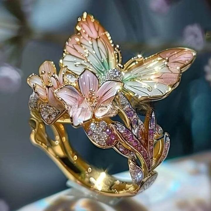 Enamel Butterfly & Flower 3D Open Ring, 3-Tone Vintage Forest Style Paved Diamond Artistic Statement Ring for Women