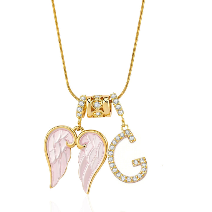 Pink Enamel Angel Wing Initial Necklace, Custom 26 Letters Gold Plated Diamond Pendant