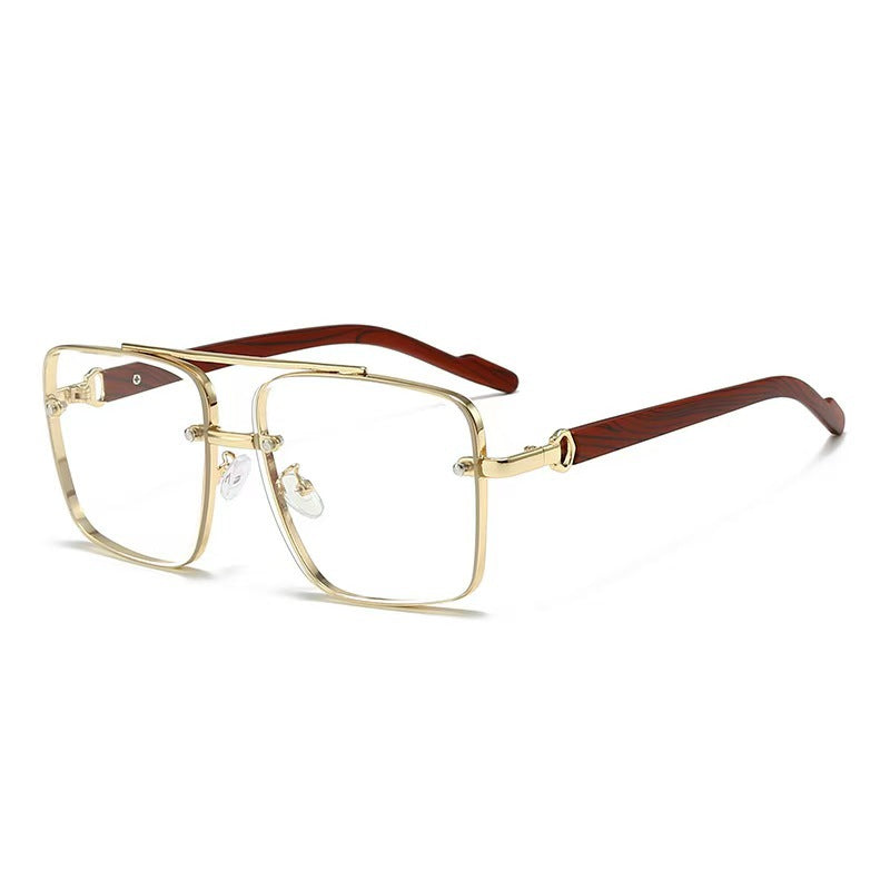 Vintage Double Rim Half-Rim Wood Grain Metal Aviator Sunglasses, Multi Gradient Lens Outdoor Shades