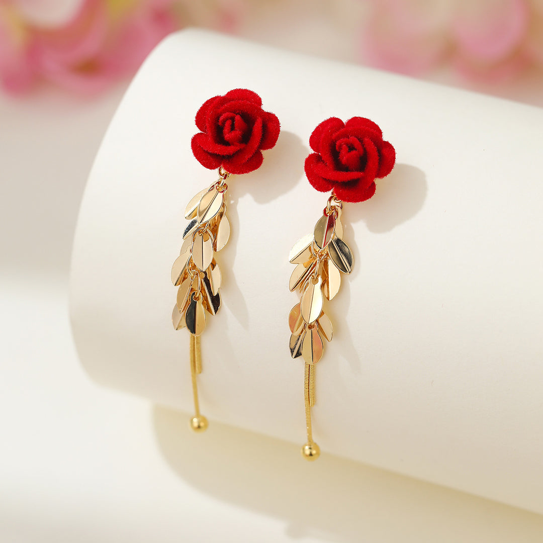 Flocking Rose Pearl Hook Earrings, Gentle Red & Pink Rose Diamond Long Dangle Earrings, Two Colors Available