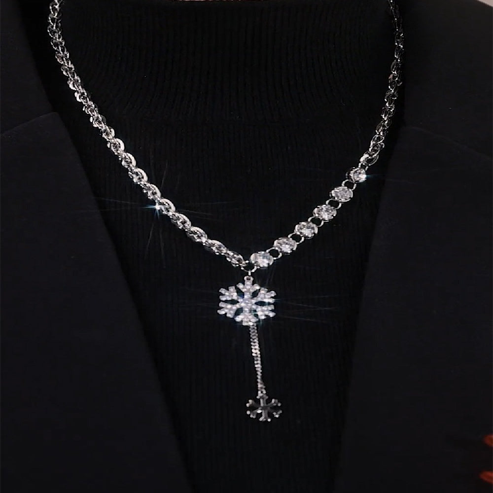 Double Snowflake diamond Y-Shaped Necklace (Silver-Tone Delicate Choker)