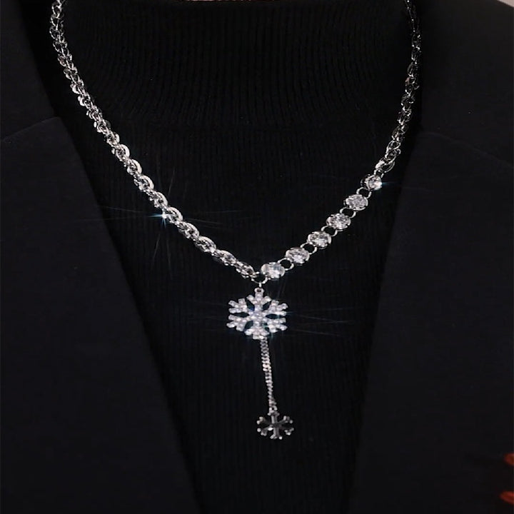 Double Snowflake diamond Y-Shaped Necklace (Silver-Tone Delicate Choker)