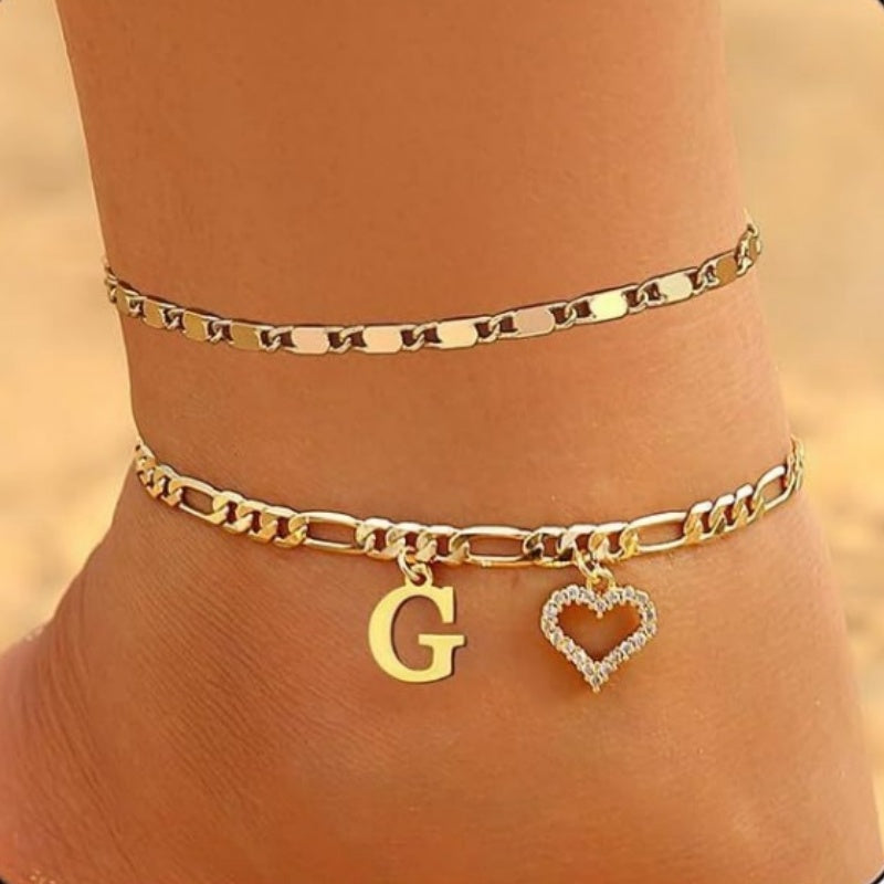 Double Layer Initial & Heart diamond Anklet (Gold Personalized Foot Jewelry)