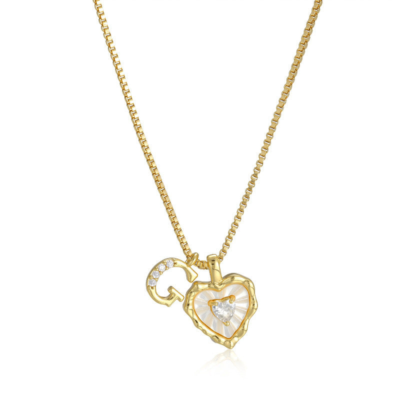 White Shell Heart Initial Necklace, Wavy Edge Mother of Pearl Pendant with Heart Diamond, Custom 26 Letters Gold Box Chain