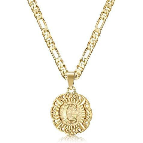 Vintage Lace Round 26 Letter Figaro Necklace, 14K Gold Plated Personal Initial Pendant Clavicle Chain