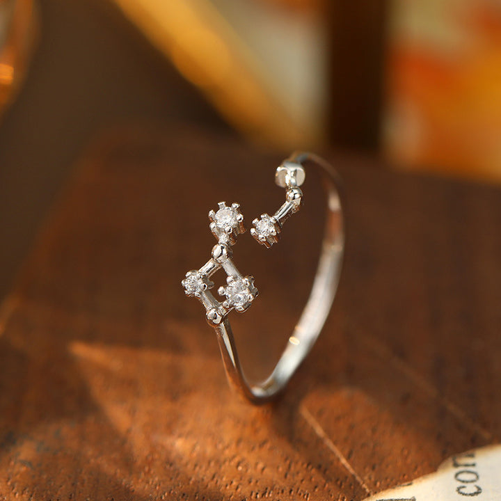 925 Silver Diamond-Inlaid 12 Constellations Open Adjustable Ring (Unisex Luxury Personalized Style)