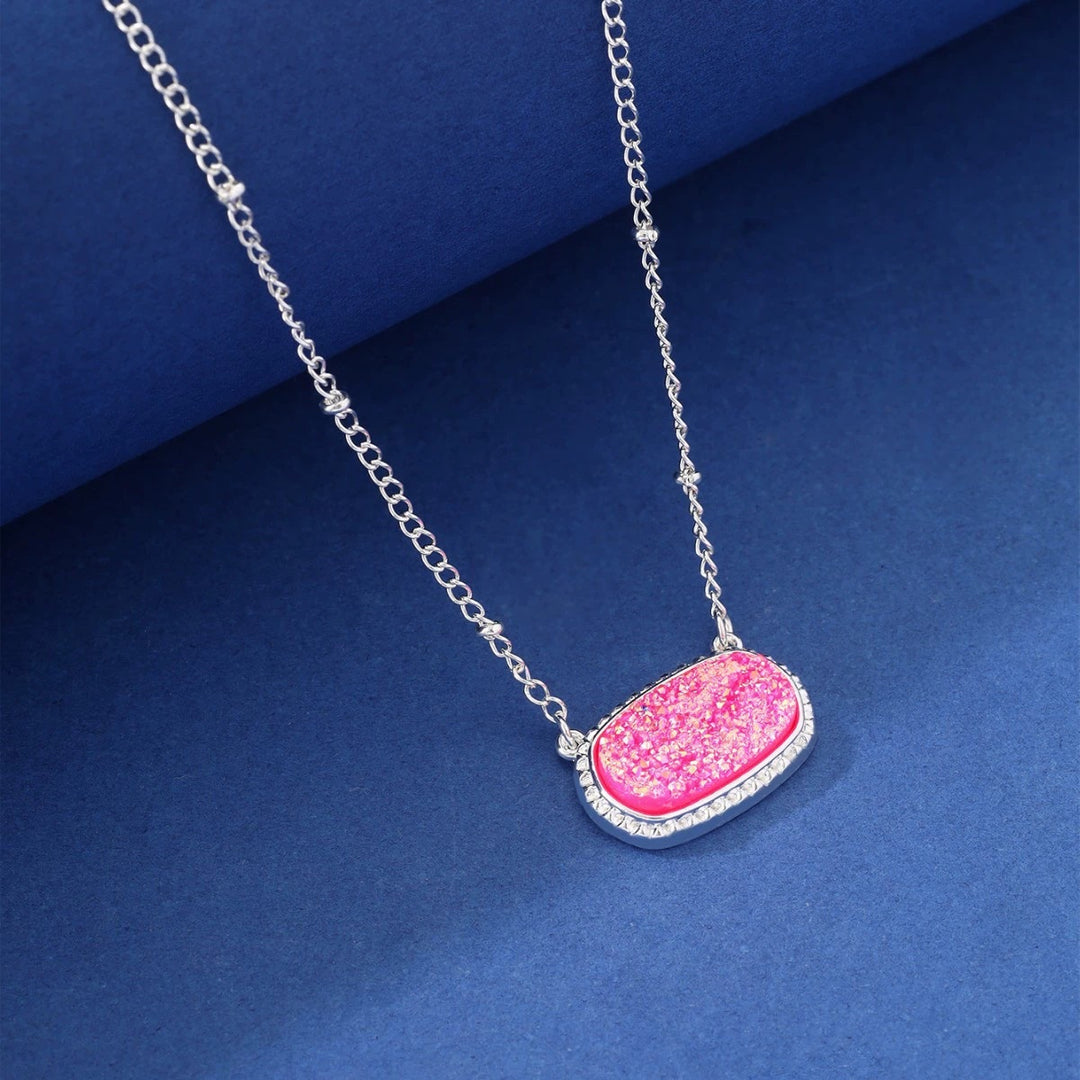 Rectangular Druzy Crystal Pendant Necklace, 14K Gold & Silver Dainty Satellite Chain, Sparkly Crushed Crystal Trendy Necklace, Multiple Colors Available