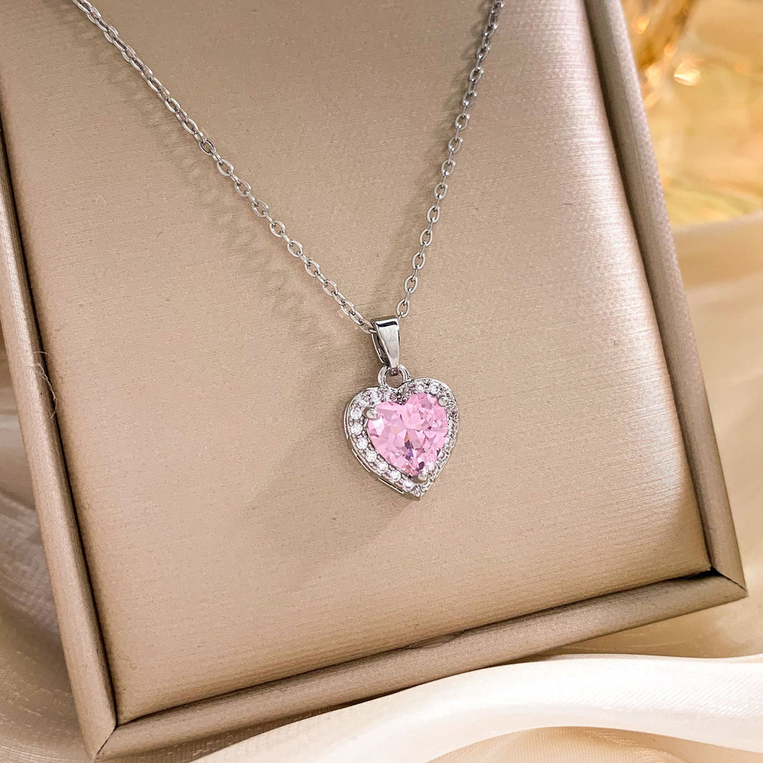 Silver Chain Pink Heart Halo Necklace (Women's Sweet Vitality Luxury Style)