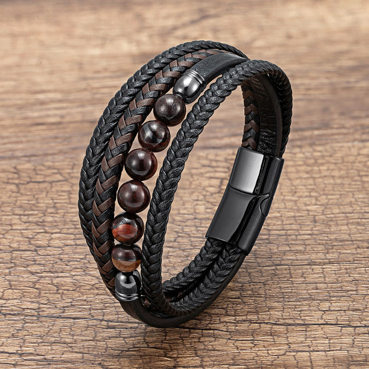 Natural Stone Beaded Braided Leather Men's Bracelet (Multi-Color Magnetic Clasp Wristband)