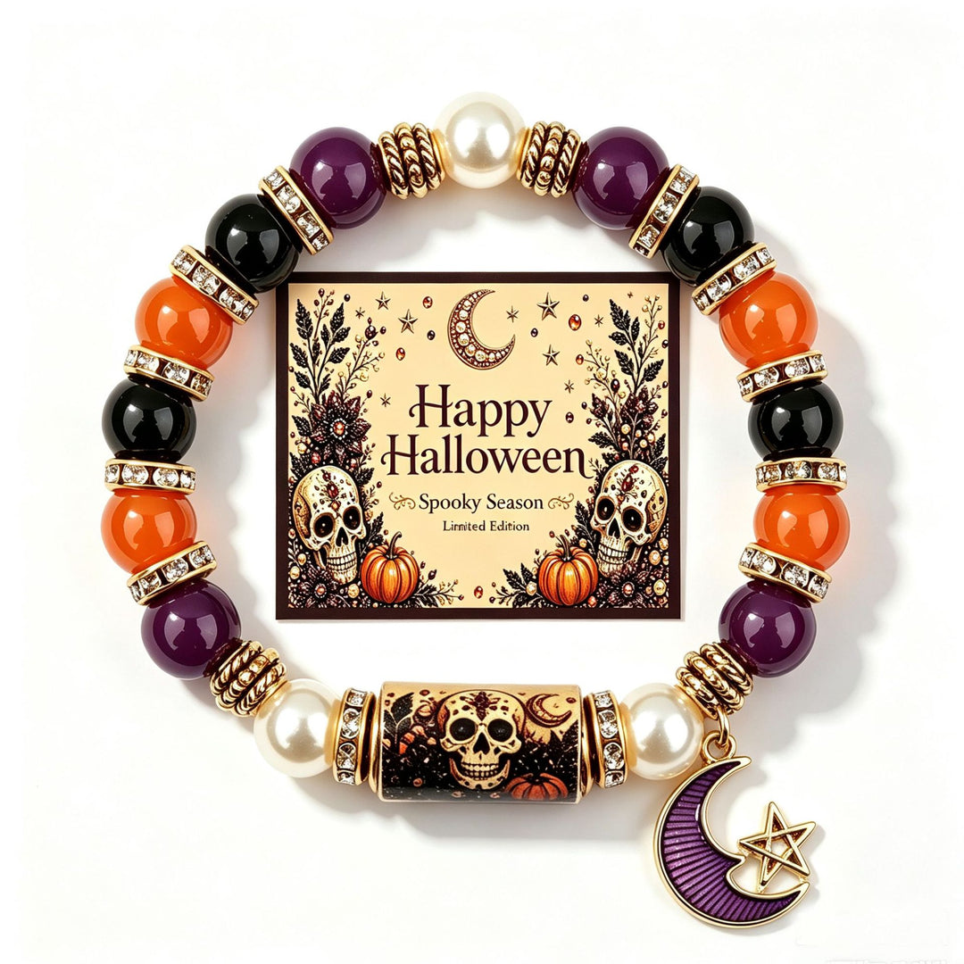 Halloween Skull Moon Star Beaded Stretch Bracelet, Vintage Pumpkin Themed Wrist Jewelry
