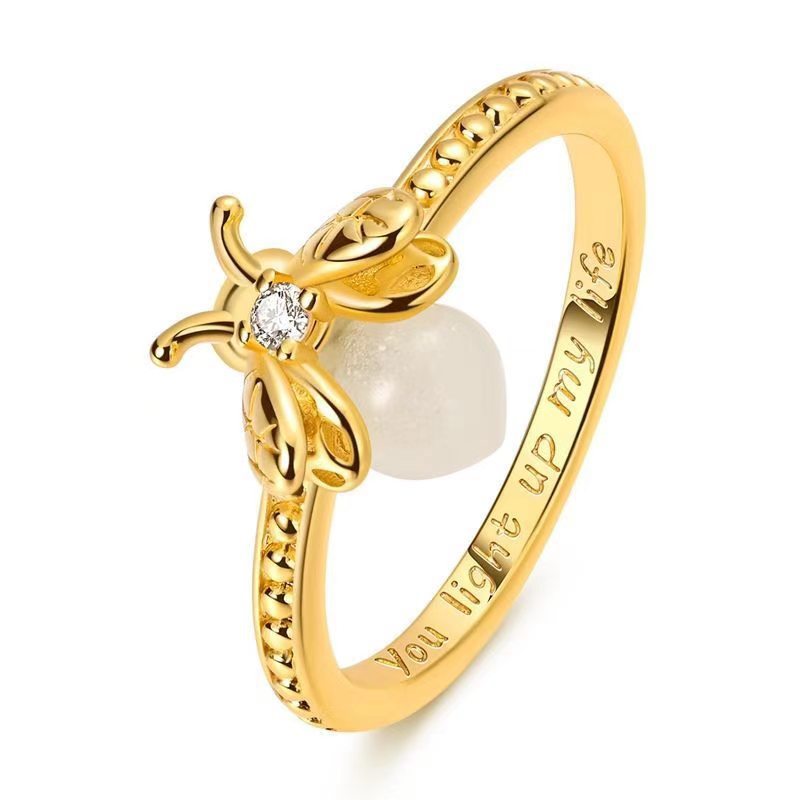 S925 Silver Bee Luminous Bead Engraved Ring, Two‑Tone Vintage Insect‑Theme Ring for Women