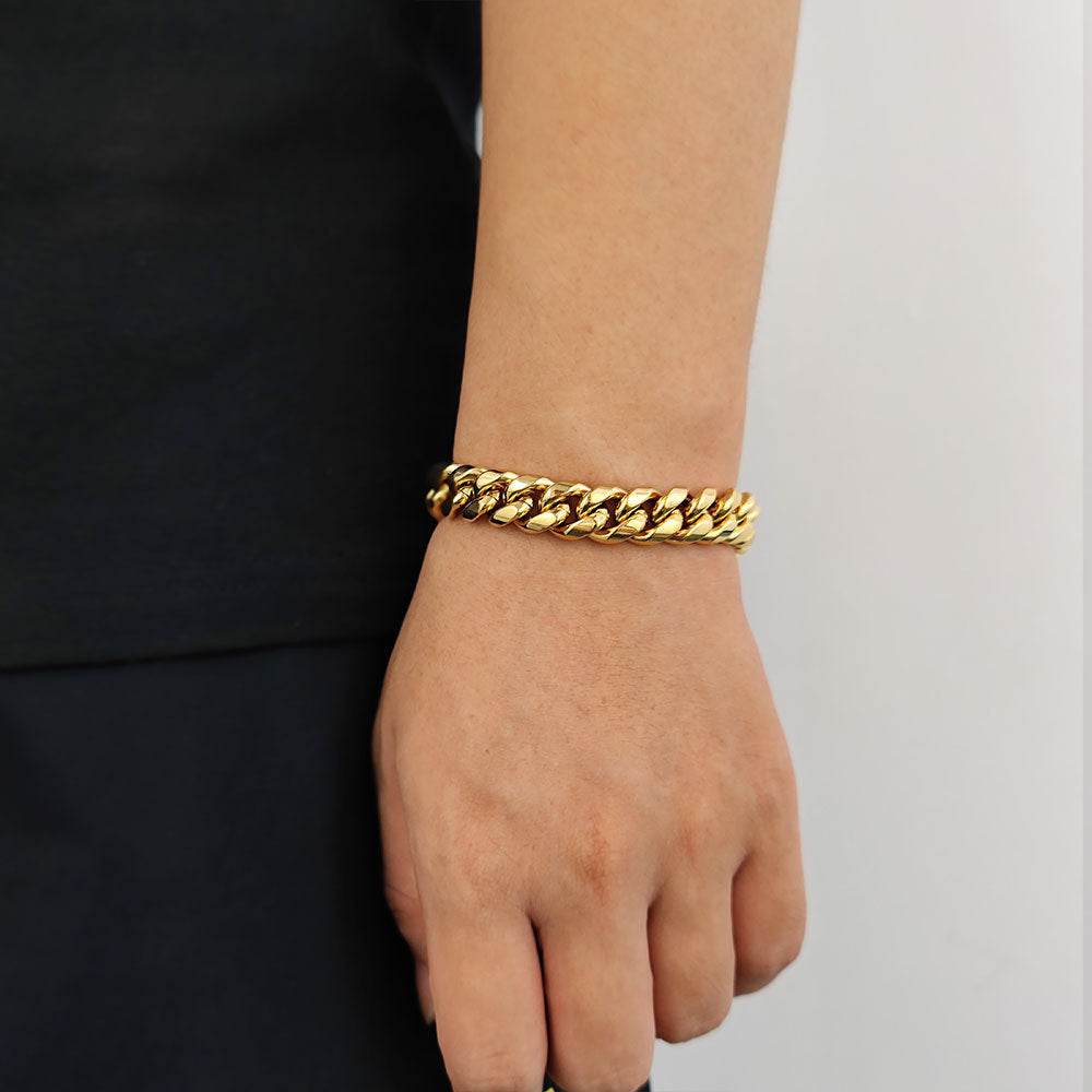 Wide Cuban Titanium Steel Bracelet, Gold Thick Chain Engraved Clasp Hip-Hop Tarnish Resistant Stylish Wristband