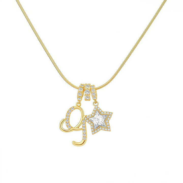 Script Initial Pave Star Dual Charm Snake Chain Necklace, Gold & Silver Custom Letter Choker