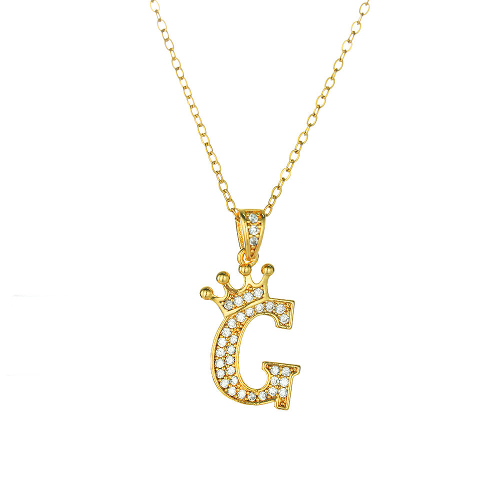 Crown Paved Diamond Initial Letter Necklace, 14K Gold Plated Personalized Dainty Chain, A-Z Available