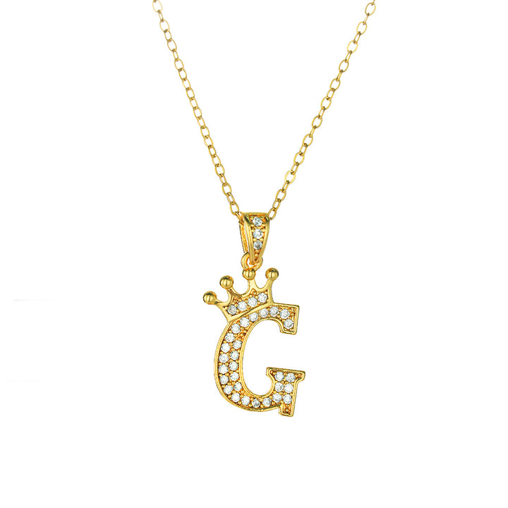 Crown Paved Diamond Initial Letter Necklace, 14K Gold Plated Personalized Dainty Chain, A-Z Available