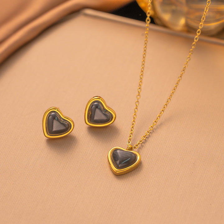 Sweet Heart Cat's Eye Jewelry Two-Piece Set, Gold-Plated Necklace & Stud Earrings Luxury Women Daily Accessory