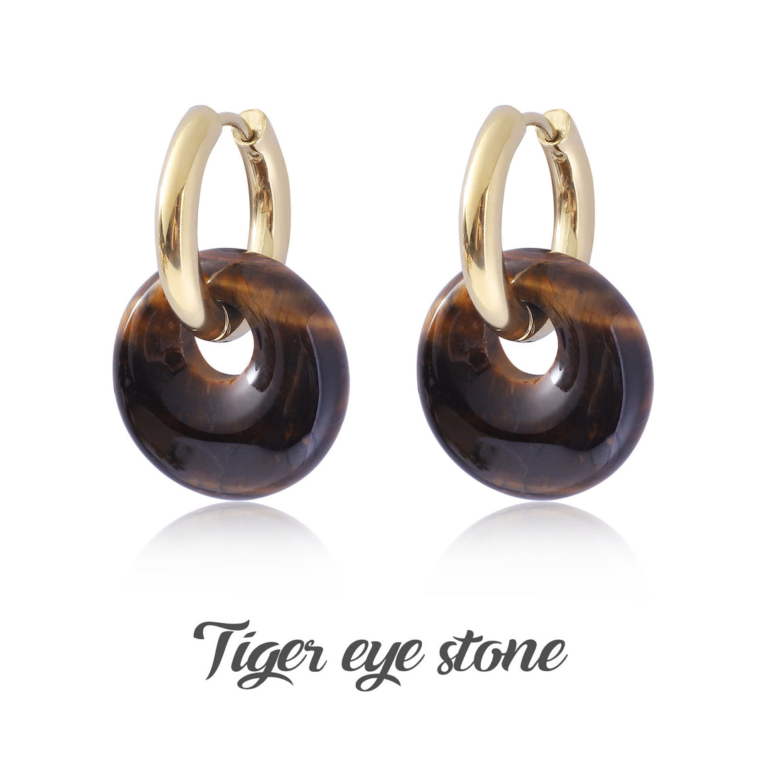 Multi-Color Natural Stone Donut S925 Silver Hoop Earrings, Gold Interlocking Geometric Huggie Earrings, Minimalist Dangle Earrings for Women, 9 Stone Options