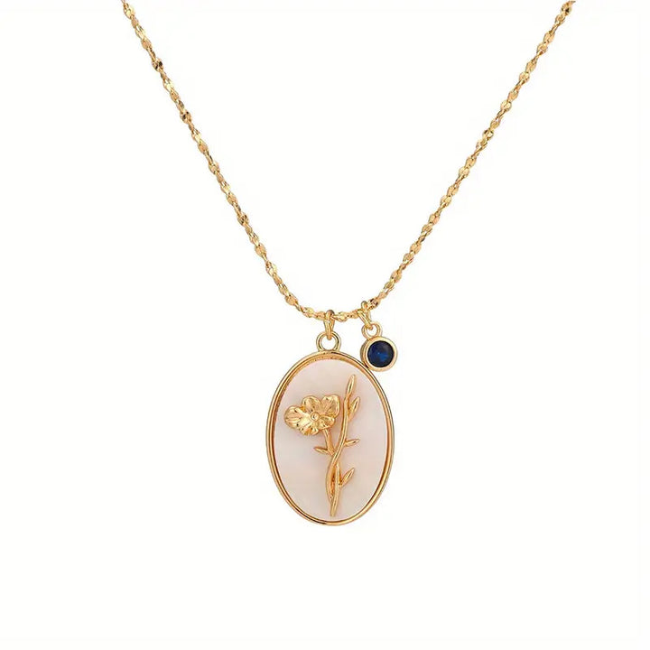 Mother-of-Pearl Carnation Birthstone Necklace (Gentle Gold Tone Pendant)