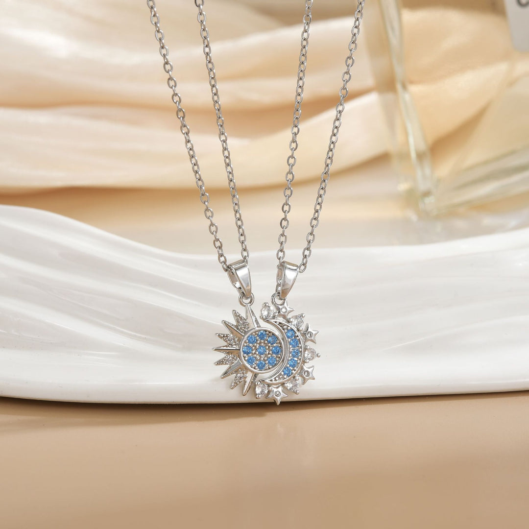 Detachable Sun & Moon Couple Necklaces, Multi-Color Paved Diamond Split Star Moon Pendant Dainty Clavicle Necklace