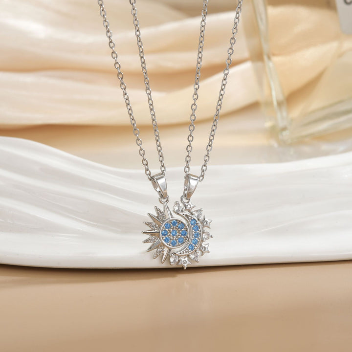 Detachable Sun & Moon Couple Necklaces, Multi-Color Paved Diamond Split Star Moon Pendant Dainty Clavicle Necklace