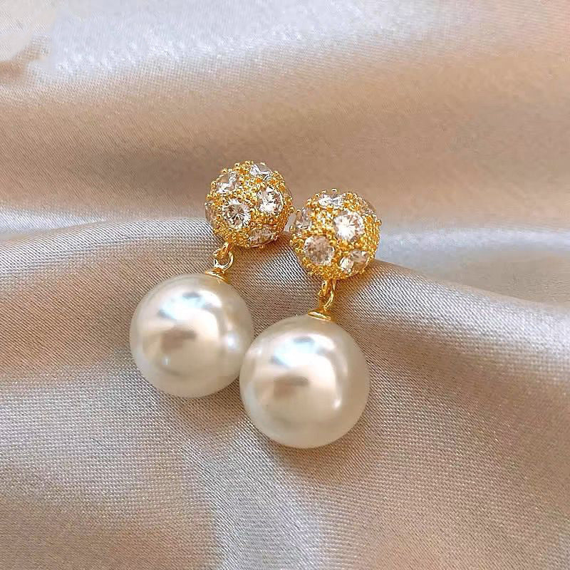 Vintage Round Teardrop Pearl S925 Silver Dangle Earrings, Palace Style Double Layer Pearl Drop Earrings, Elegant Earrings For Women
