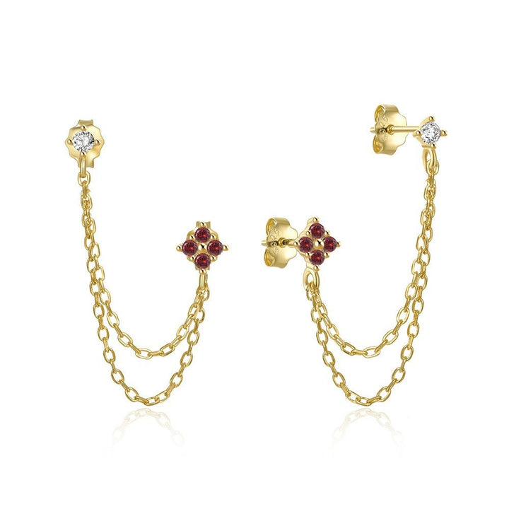 S925 Silver Two-hole Double Chain Flower Diamond Stud Earrings, Multi-color Double Layer Chain Tassel Earrings