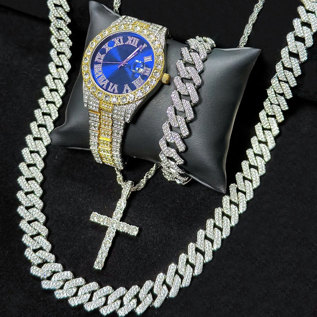 Men's Iced Out Jewelry 4-Piece Set, Hip Hop Diamond Watch with Calendar + Cuban Bracelet + Cross Pendant Necklace Gift Set