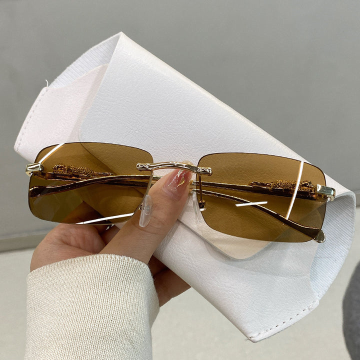 Luxury Leopard Carved Rimless Cut Sunglasses, Multi Gradient UV Protection Shades